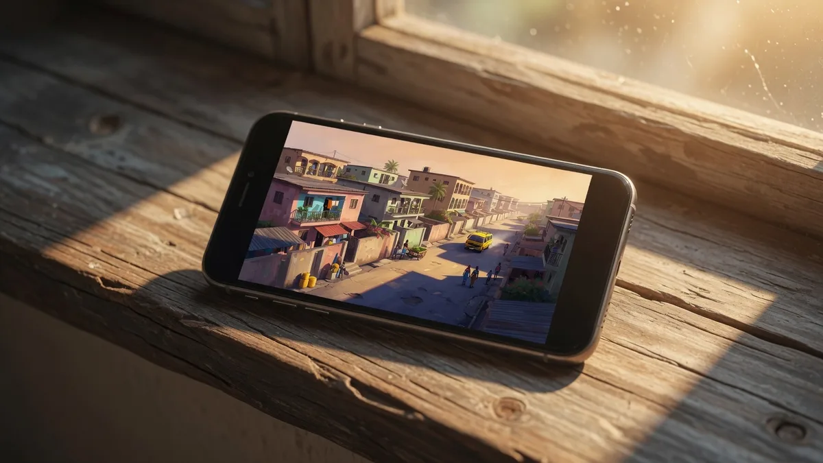 Illustrated phone on a wooden sill, its screen showing a small street