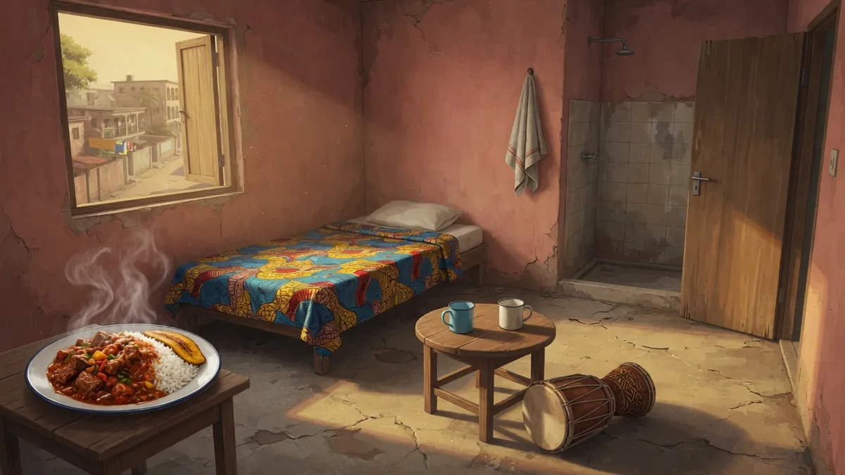 Illustrated room with a meal, a bed, a shower, two cups, and a drum