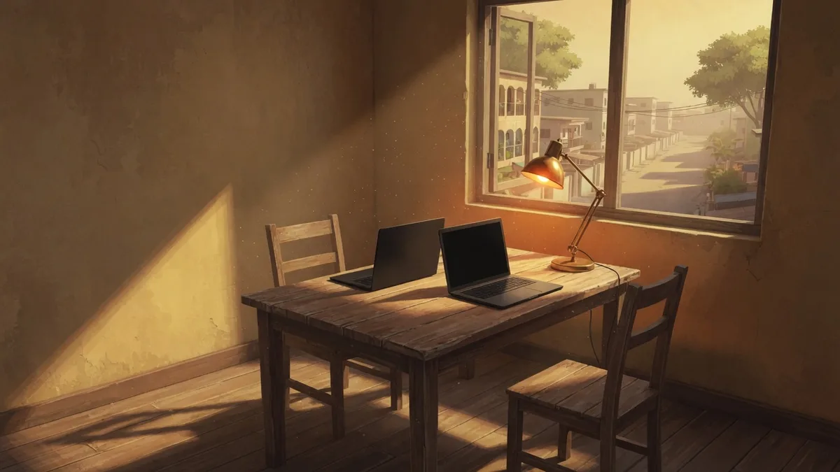 Illustrated studio table with two laptops and empty chairs